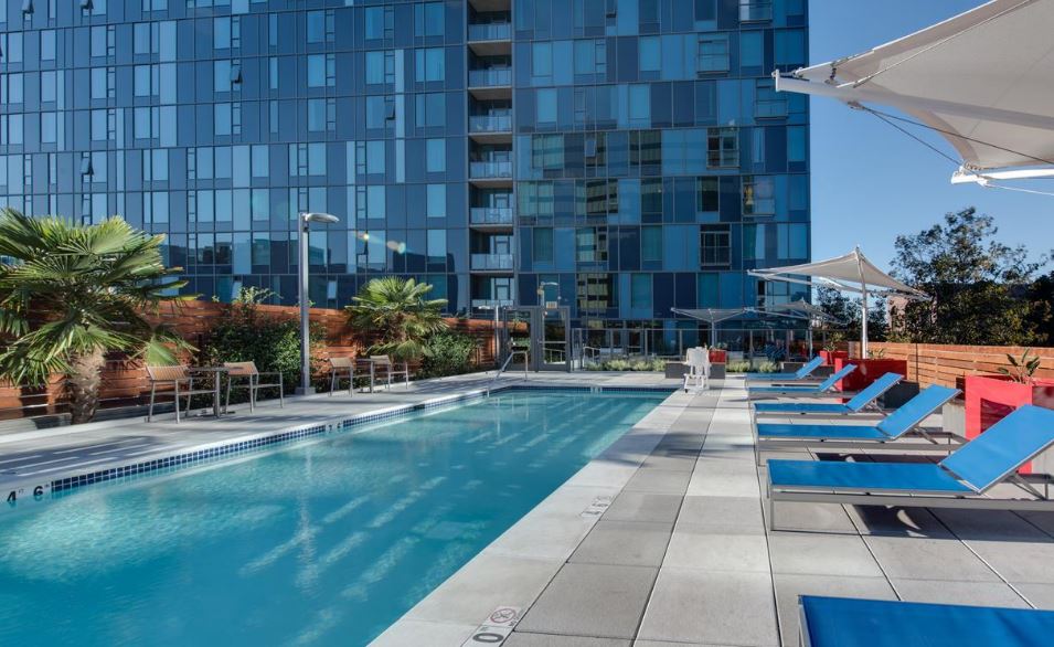 Pool area with lounge chairs