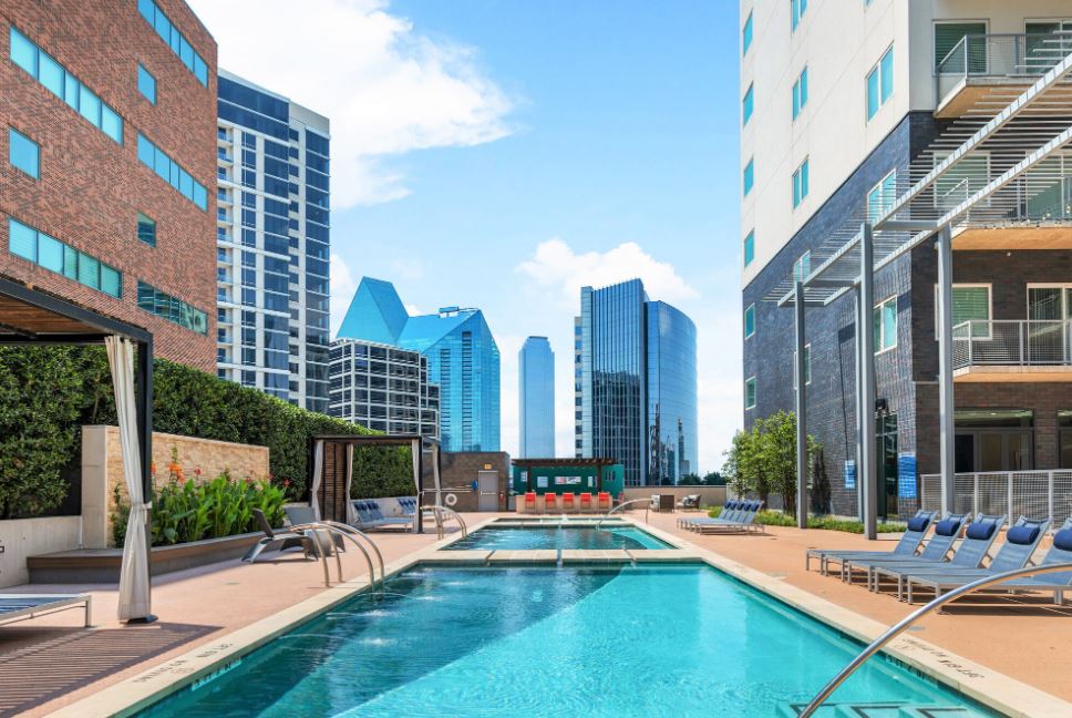 Pool area with lounge chairs